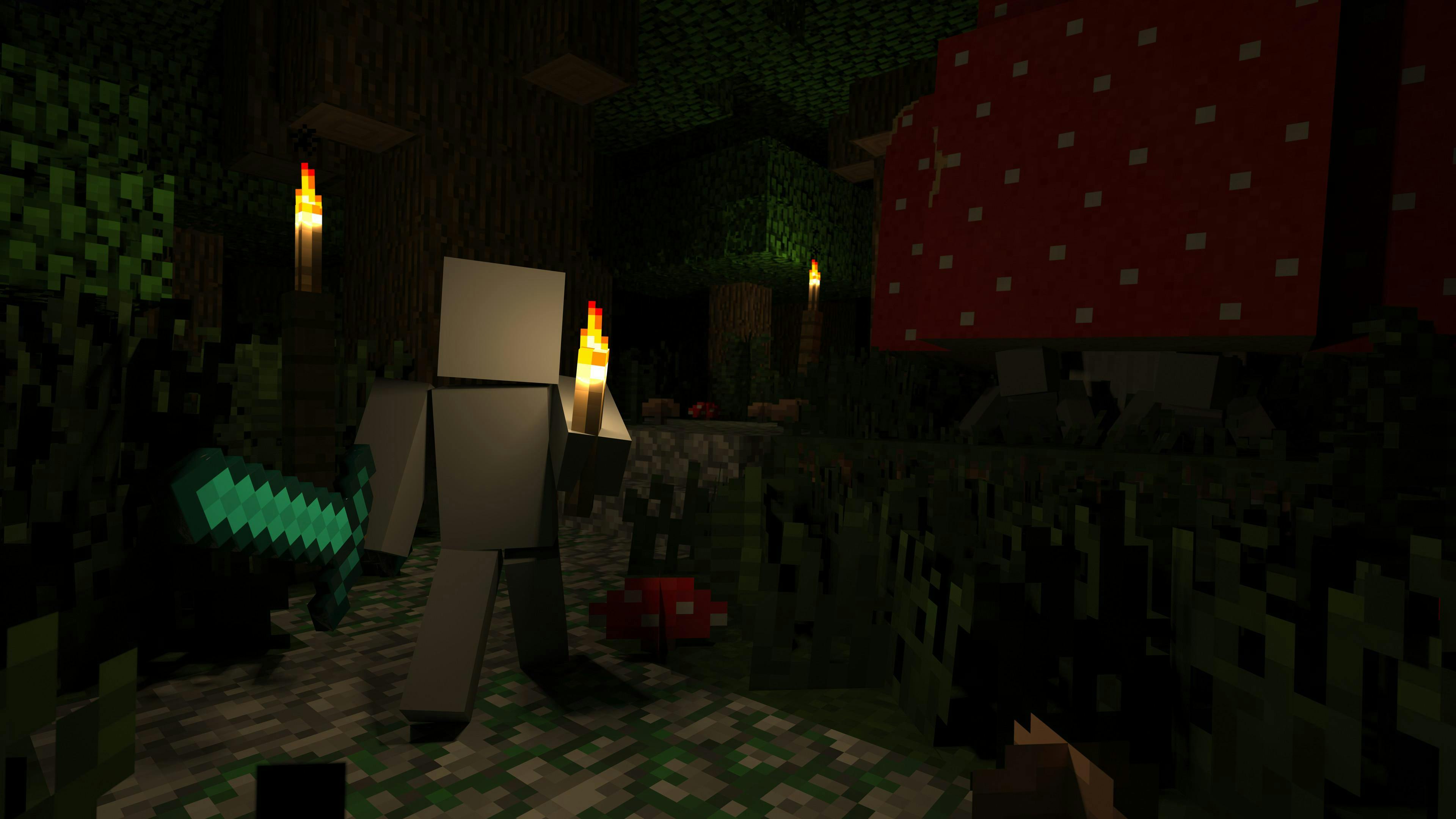 Two players hiding in the dark from another player who wields a diamond sword.