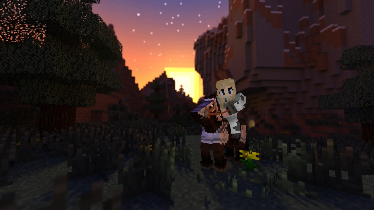 Two Minecraft characters embracing, with one seemingly riding on the other's shoulders, against a vibrant sunset with stars emerging in the Minecraft world.