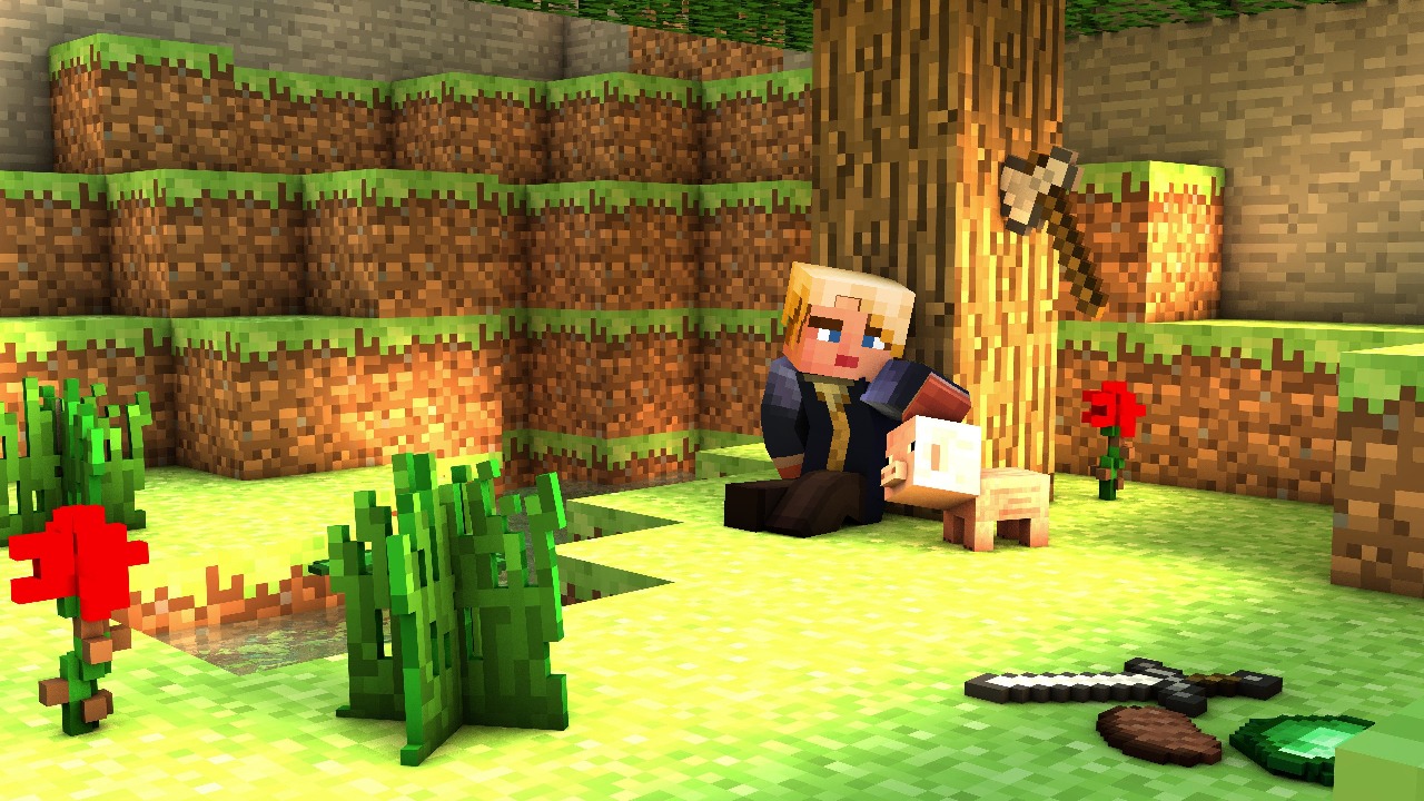A Minecraft character sits contemplatively next to a pig under the shade of a tree, with an array of items scattered around, portraying a quiet interlude in the otherwise active Minecraft environment.