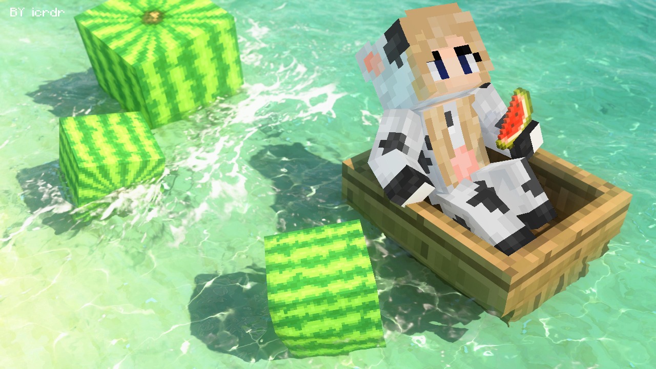 A Minecraft character sitting in a wooden boat, leisurely eating a slice of watermelon while floating on crystal-clear waters, with bright, blocky watermelons bobbing alongside.