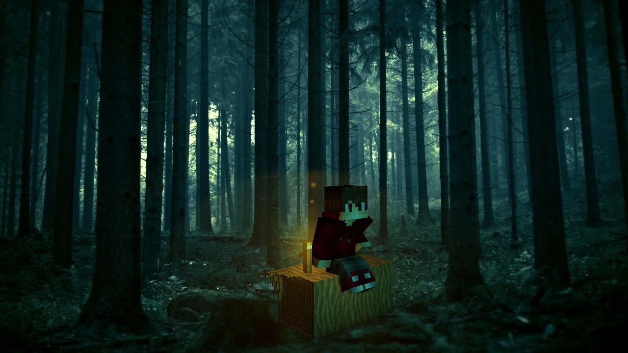 A solitary Minecraft character sitting on a chest, with a lit torch in hand, surrounded by the dense, dark hues of a forest, evoking a sense of solitude and the quiet beauty of nature within the game's world.