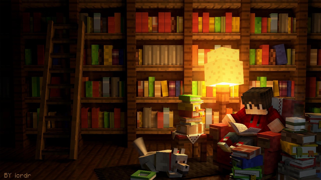 A Minecraft character engrossed in reading, surrounded by towering bookshelves and a warm glowing lamp, with a loyal wolf companion by their side, in a snug, homey library setting within the game.