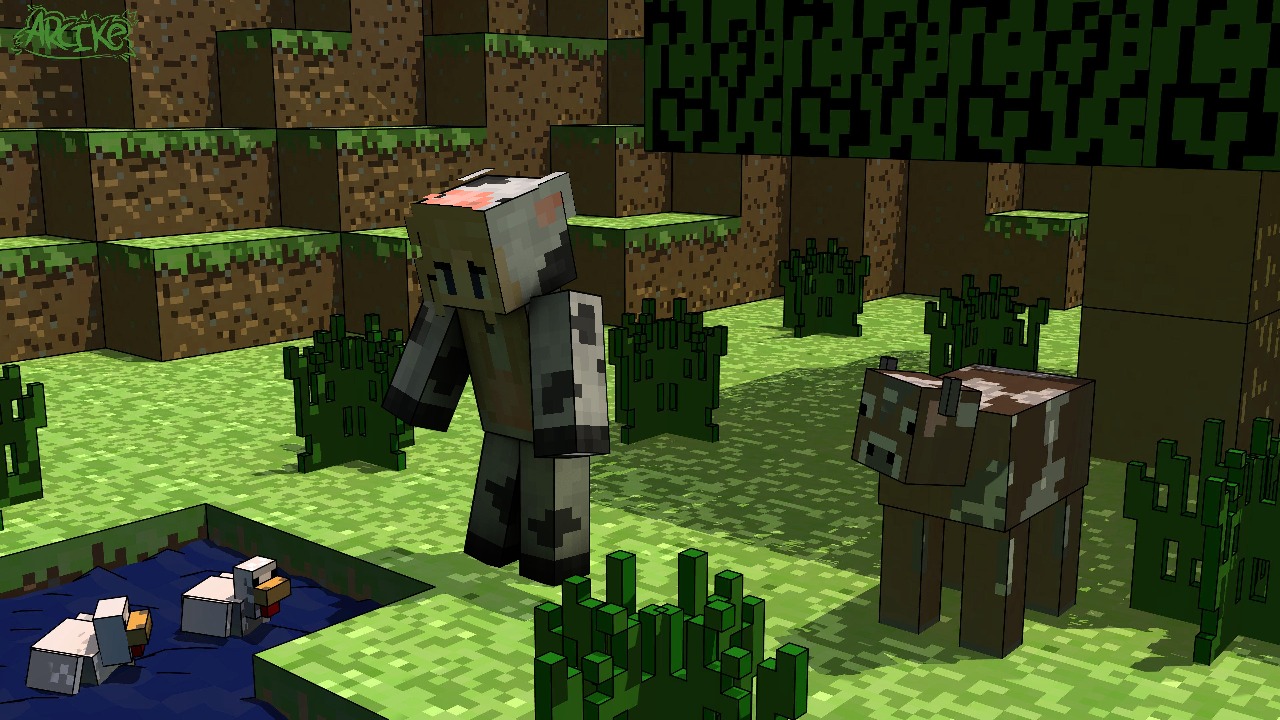 A Minecraft character stands beside a cow in a lush, green pixelated meadow, with a couple of chickens enjoying a dip in a small pond, encapsulating the peaceful coexistence of player and animals in the game's vibrant ecosystem.