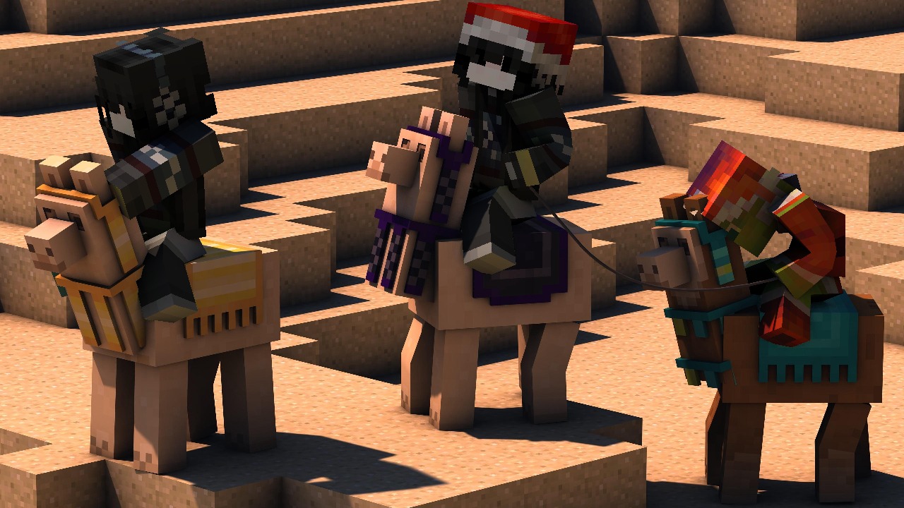 Three Minecraft characters mounted on camels, ready to traverse the undulating dunes of a desert biome, conveying a sense of adventure and teamwork in the expansive sandbox world of Minecraft.