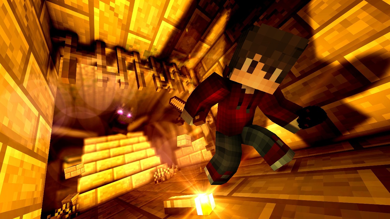 A Minecraft player, illuminated by the golden glow of a stronghold's interior, is in dynamic motion, suggesting the intensity and thrill of exploring one of the game's hidden fortresses.
